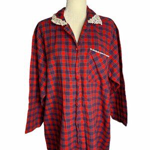 Vintage Cotton Flannel Nightgown L Red Plaid Lace Button Down Sleep Shirt Modest